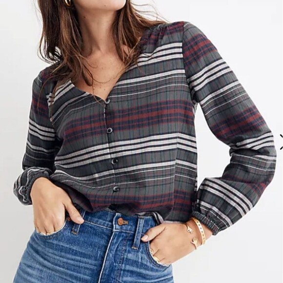 Madewell V-Neck Button-Down Shirt in Pineview Plaid Size Small - Picture 1 of 8